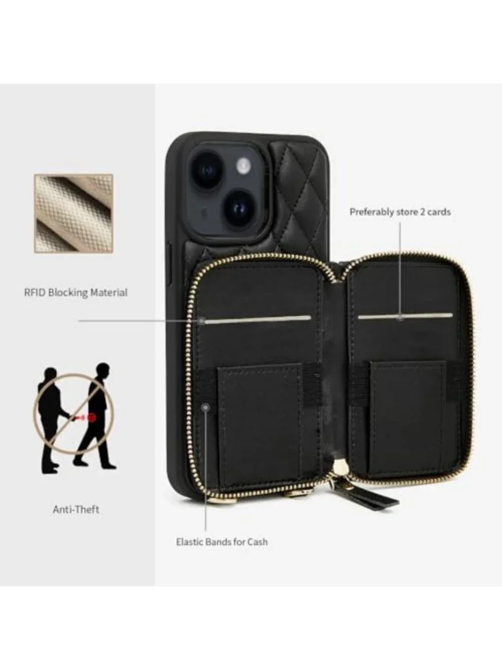 Quilted Leather Crossbody Wallet Case for iPhone 13, Shockproof, Chain Strap